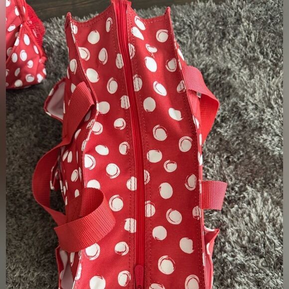 Thirty One Zip-Top Organizing Utility Tote Bag Red/White Swirl Dot “joy” - EUC - Picture 5 of 7